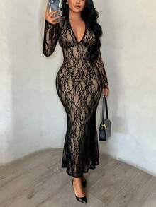 RNU Women's Black Sheer Lace Long Sleeve Mermaid Maxi Dress, - Black - View 5