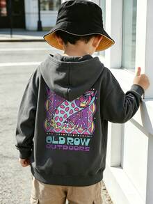 Little Boys Front & Back Graphic Print Hooded Sweatshirt, Long Sleeve Colorful Fish Letter Print Casual Fall Hoodie - Dark Grey - View 2