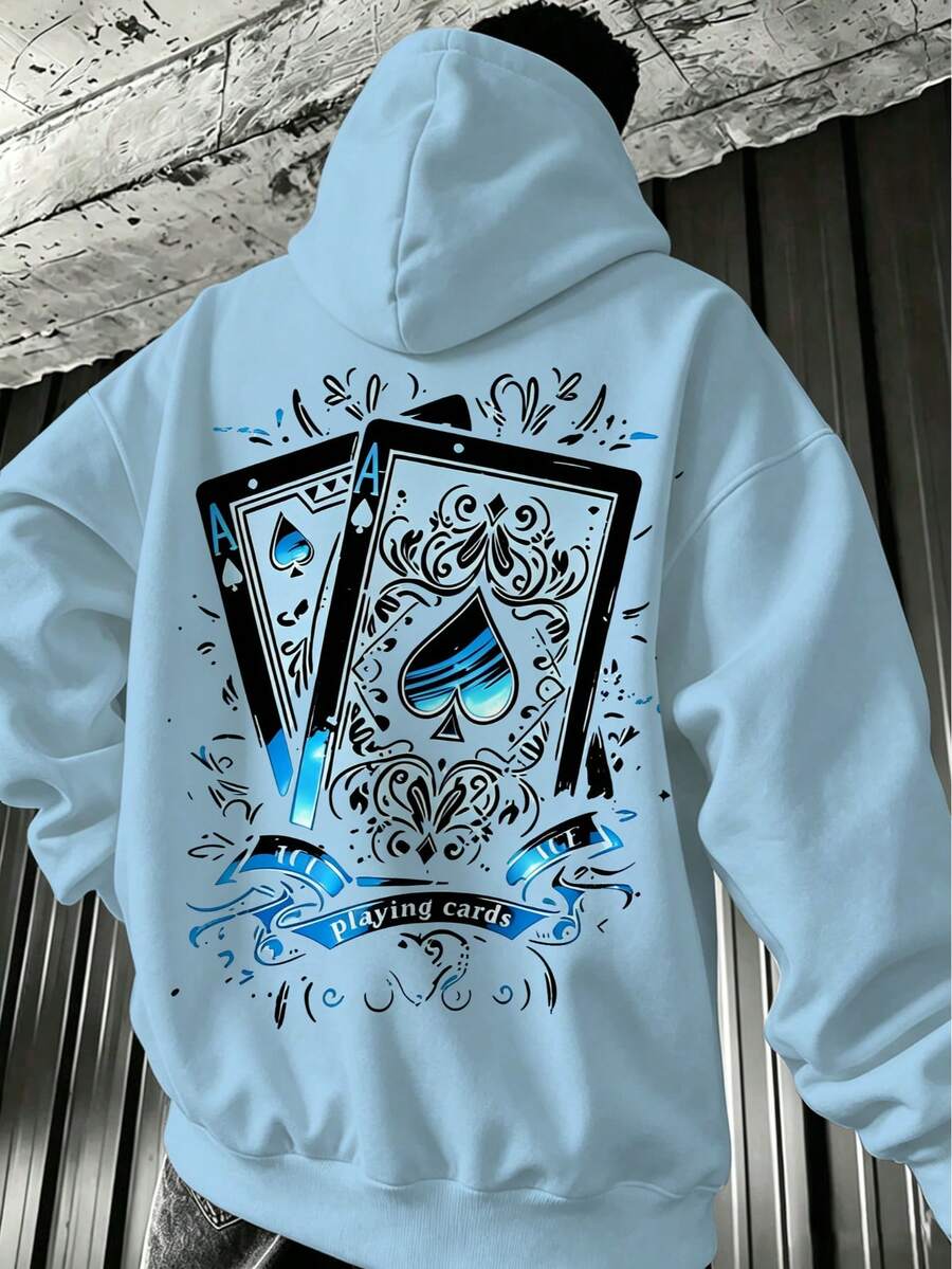 Plus Size Men's Light Sky Blue Hoodie, Back Vintage Blue & Black Double Ace Of Spades Playing Card Print, Loose Fit - Baby Blue - View 1