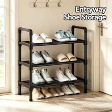 5/4/3/2 Layer Black Tubular Shoe Storage Rack, Sturdy Freestanding Shoe Organizer With Raised Guardrail, Waterproof Easy Assembly Shoe Shelf, Large Capacity Shoe Holder For Entryway, Hallway, Apartment, Rental House Indoor Furniture - Black - View 6