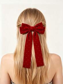 1 pieza Clip de pelo con lazo largo de terciopelo de unicolor con strass para mujer, accesorio de pelo de atmósfera suave, accesorio de retrato, regalo de vuelta a la escuela para niñas - Rojo con strass termoadhesivo - Ver 6
