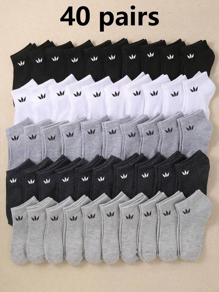 40 Pairs Unisex Socks, Breathable, Comfortable, Soft, Suitable For Daily Casual Wear, Available In Black, White And Light Gray[Random Color] - Multicolor - View 1
