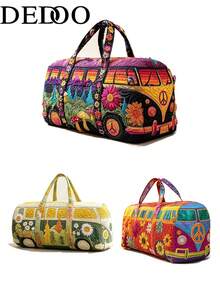 Dedoo Vintage Hippie Van Print Travel Luggage Bag, Peace Sign & Floral Weekend Tote, Women's Casual Bohemian Style Vacation Storage Bag - Multicolor - View 2