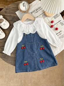 Infant Girl Cherry Denim Overall Dress 2 Pieces Set, Double Layer Hollow Lace Large Collar Petal Sleeve Inner Shirt, Heart Pocket Embroidered Overall Dress Set - White - View 1