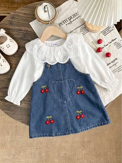 Infant Girl Cherry Denim Overall Dress 2 Pieces Set, Double Layer Hollow Lace Large Collar Petal Sleeve Inner Shirt, Heart Pocket Embroidered Overall Dress Set
