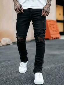 Men's Fashion Stretch Ripped Slim Fit Jeans - Black - View 2