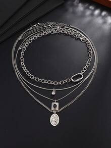 4pcs/Set American Vintage Multi-Layer Stacked Men's Necklace, Distressed Silver Saint Medal Square Rhinestone Carabiner Hip-Hop Accessory - White K - View 5