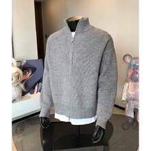 Herren Herbst Reißverschluss Pullover Strick Pullover American Stand Up Kragen Cardigan Jacke - Grau - Übersicht 3
