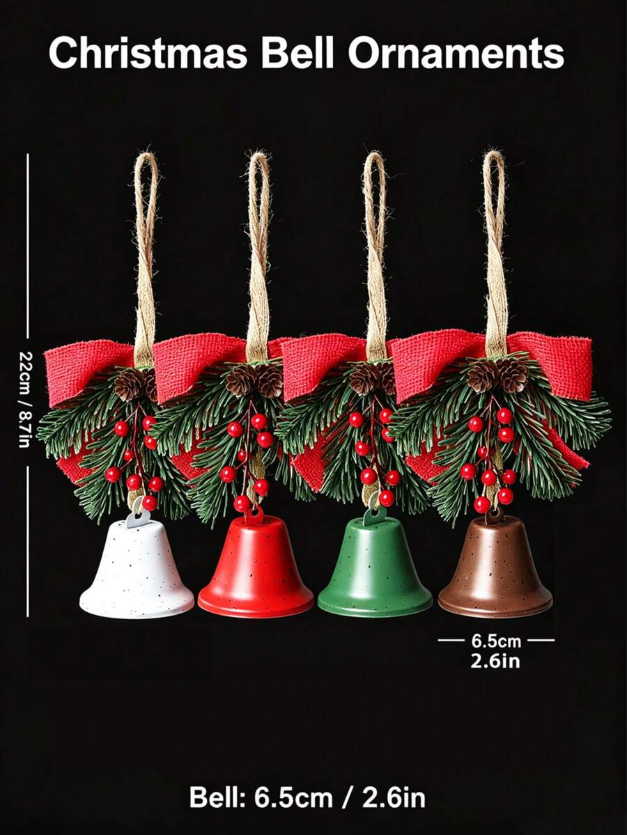 Christmas Bell Hanging Ornament, Artificial Pine Branch Red Berry Plaid Bow Christmas Tree Pendant, DIY Handmade Accessory, Suitable For Window, Wreath, Gift Box, Holiday Scene Decoration, Christmas Tree Decoration, Christmas Decor - Multiple Styles - View 1