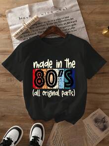 Womens Retro 1980s Nostalgic T Shirt Signature Print Crew Neck Short Sleeve Machine Washable Regular Fit Spring Summer Wear - 黑色 - 查看 1