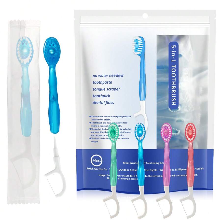 5-In-1 Mini Disposable Toothbrush With Pre-Applied Toothpaste | Waterless Disposable Toothbrush With Toothpaste, Floss, Tongue Scraper And Toothpick, Suitable For Travel, Hotel, Camping, 26pcs - Multiple Flavors/various Styles - View 1