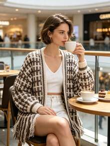 Fall Winter New Arrival Shopping Party Thick Knit Texture Retro Style Tassel Hem V‑Neck Knit Outerwear - Multicolor - View 9