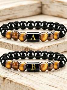 YAUKIA Gothic Men'S Tiger'S Eye & Obsidian Protection 26 Letters Bracelet , Summer Minimalist Jewelry , Brings Inner Strength, Optimism And Courage - Multicolor - View 6