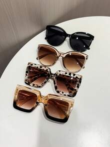 4.0 Pairs Women's Fashion Frame Sunglasses, Perfect Blend Of Modern Style And Vintage Charm, Suitable For Vacation, Party, Daily Life, Travel, Shopping, Fits All Face Shapes - 4pcs Black Tea Leopard Print - View 3