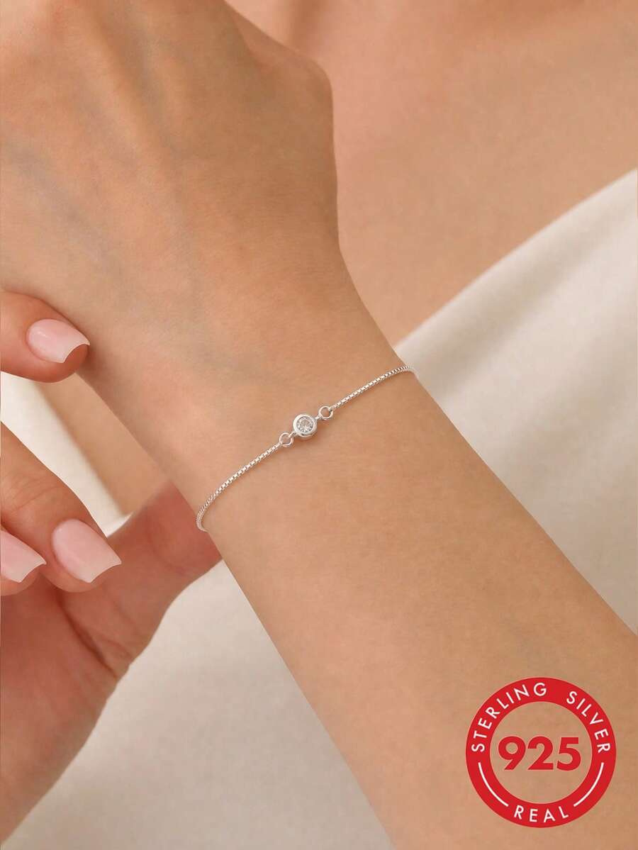1pc S925 Sterling Silver Minimalist Thin Bracelet For Women, Low-Key Simple Adjustable Chain, Daily Commute Elegant Cold Ins Style Plain Chain, Delicate Accessory Suitable For Girls' Daily Wear - Round - View 1