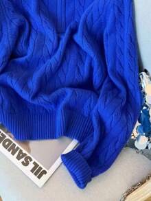 Women's Autumn/Winter Casual Versatile Commute Preppy Youthful Solid Color Half-Zip Loose Collar Knit Cardigan Sweater - Blue - View 4