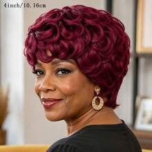 AMECIRE Red Curly Wig Pixie Cut Wig Human Hair Wig 99J Wig Women's Short-Hair Wig With Bangs Stylish Design Elastic Mesh Cap Suitable For Everyday Wear - S99J - View 5