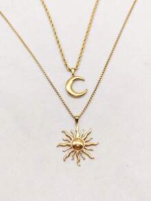1 Set 2pcs Stainless Steel Moon & Sun Pendant Multi-Layer Stackable Necklace Set, Vintage Men's & Women's Minimalist Bohemian Style Sweater Chain Collarbone Necklace - Yellow Gold - View 4