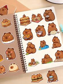 50Pcs Cute Capybara Food Theme Stickers, PET Waterproof Cartoon Capybara Eating Snacks Decals, Aesthetic DIY Stickers For Journal, Water Bottle, Laptop, Phone Case, Luggage, Notebook Decor For Kids Teens - Brown - View 3