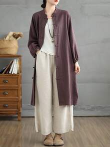Women Vintage New Chinese Style Linen Long Tunic Coat, Stand Collar Frog Closure, Loose Fit Lantern Sleeve Solid Color Casual Open Front Jacket - Purple - View 2