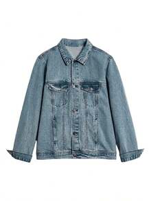 Chaqueta vaquera casual de corte ajustado para hombre, chaqueta acolchada a cuadros con estilo retro lavado: el regalo ideal para padres, hermanos y novios en sus cumpleaños o vacaciones. - Light Blue - Ver 3