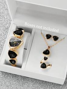 Women's Classic Fashion Gemstone Inlaid Triangle Number Dial Bracelet Quartz Watch + Jewelry Set (5pcs/Set) Watch Box Not Included - Black - View 11