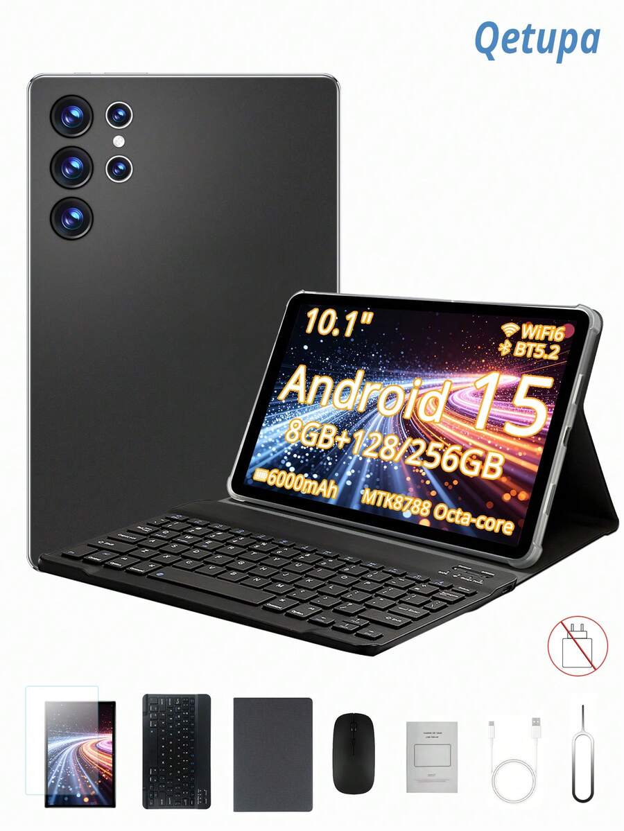 Qetupa Tablet Android 15 inci 10,1 inci, dilengkapi dengan casing pelindung, keyboard dan mouse, RAM 4GB + penyimpanan 64GB / RAM 6GB + penyimpanan 128GB / RAM 8GB + penyimpanan 256GB (mendukung ekspansi 1TB), kamera depan 5MP dan kamera belakang 13MP, baterai 6000mAh (charger tidak termasuk).