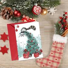 1 Greeting Card + 1 Envelope Adorable Christmas Greeting Card, Cat Playing With Tree "Merry Christmas" For Friends, Winter Holiday Festive Artistic Style Card. - Red Envelope - View 8