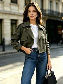 Women's Short Trench Coat, Fashion Collar Long Sleeve Button Detail Jacket, Non-Stretch Woven Fabric, Suitable For Spring And Autumn - Army Green - View 2