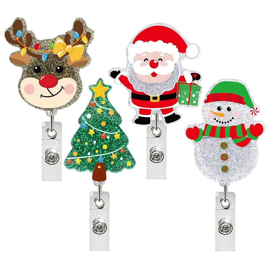 1Acrylic Retractable Name Tag Scroll With "Christmas Reindeer, Santa Claus, Snowman, Christmas Tree" | Suitable For Teachers, Doctors, And Nurses | Office Gift | Acrylic Name Tag Holder