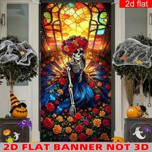 1 Stück dekorative Flagge mit bemalter Fenster-Blumen-Totenkopf-Dame – Gothic-Stil-Flagge für das Nekromantie-Festival in Kirchen, schöne Wandtextil-Flagge für Halloween-Shops, geeignet als Dekoration für Nekromantie-Festival-Partys und als Fotorequisite - A - Übersicht 1