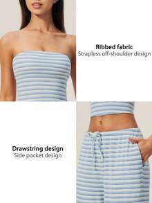 TimeOff Women's One Set Striped Strapless Bandeau Tank Top With Drawstring Waist And Side Pockets Wide Leg Pants 2 Pieces Set - Baby Blue - View 4