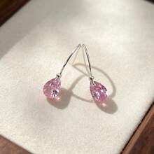 Minimalist 925 Sterling Silver Plain Silver Ear Hooks With Small Cubic Zirconia Water Drop Earrings, Multiple Colors Available, Suitable For Daily Wear - Pink - View 7
