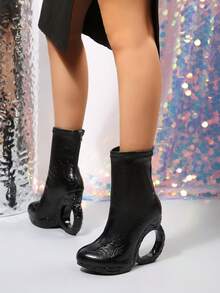 Black Solid Color Western Style Side Zipper Smooth Finish 2026 Stiletto High Heels Holiday Winter - Black - View 5