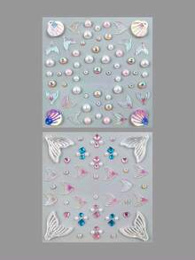 2pcs Mermaid Ocean Theme Face Gem Stickers, Iridescent Shell Fish Tail Rhinestone Pearl Face Decals, Self-Adhesive Face & Body Decoration, Suitable For Music Festival, Cosplay, Party,Halloween Costume - Multicolor - View 11