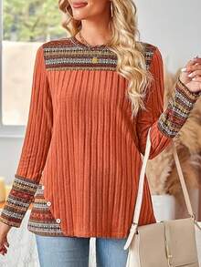 Plus Size Women's Round Neck Colorblock Printed Long Sleeve Top - Orange - View 1