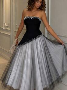 Women's Strapless Pearl Beaded Colorblock Long Dress, Heavy Beaded Black & White Mesh Strapless Long Dress Fall Wedding Party - Black - View 3