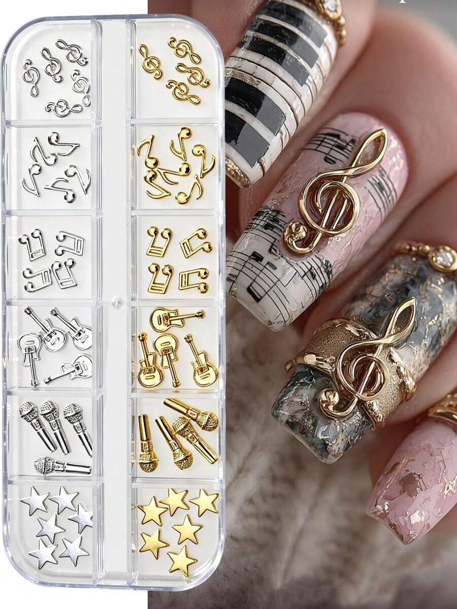 12 Grids Silvery/Golden Metal Music Note Nail Charms 3D Musical Symbol Guitar Nail Decoration Punk Microphone Star Accessories