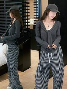 Kaos Lengan Panjang 2 in 1 Gaya Korea dengan Ikatan Depan yang Santai, Atasan Lapisan Dasar Serbaguna Slim Fit untuk Wanita, Musim Gugur/Dingin - Dark Grey - View 3