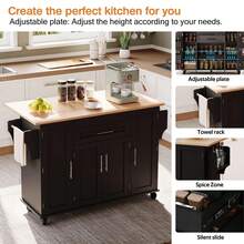 Rolling Kitchen Island Cart With Fold‑Out Extension Tabletop, 2 Drawers & Multi‑Cabinet Storage With Adjustable Shelves & Door Racks, Mobile Kitchen Trolley With Towel Rack & Spice Rack For Kitchen Dining Room - Black - View 4