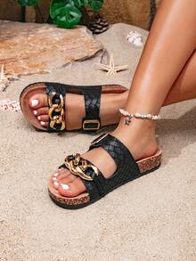 Women's Woven Metal Chain Decor Buckle Strap Open Toe Flat Sandals, Vintage Casual Summer Beach Daily Slippers - Black - View 4