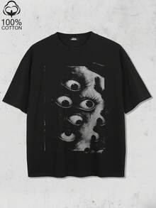 Tiny Spark Streetwear Black Tee Shirt Surreal Graphic Multiple Eyes Print Dark Psychological Horror - Black - View 1