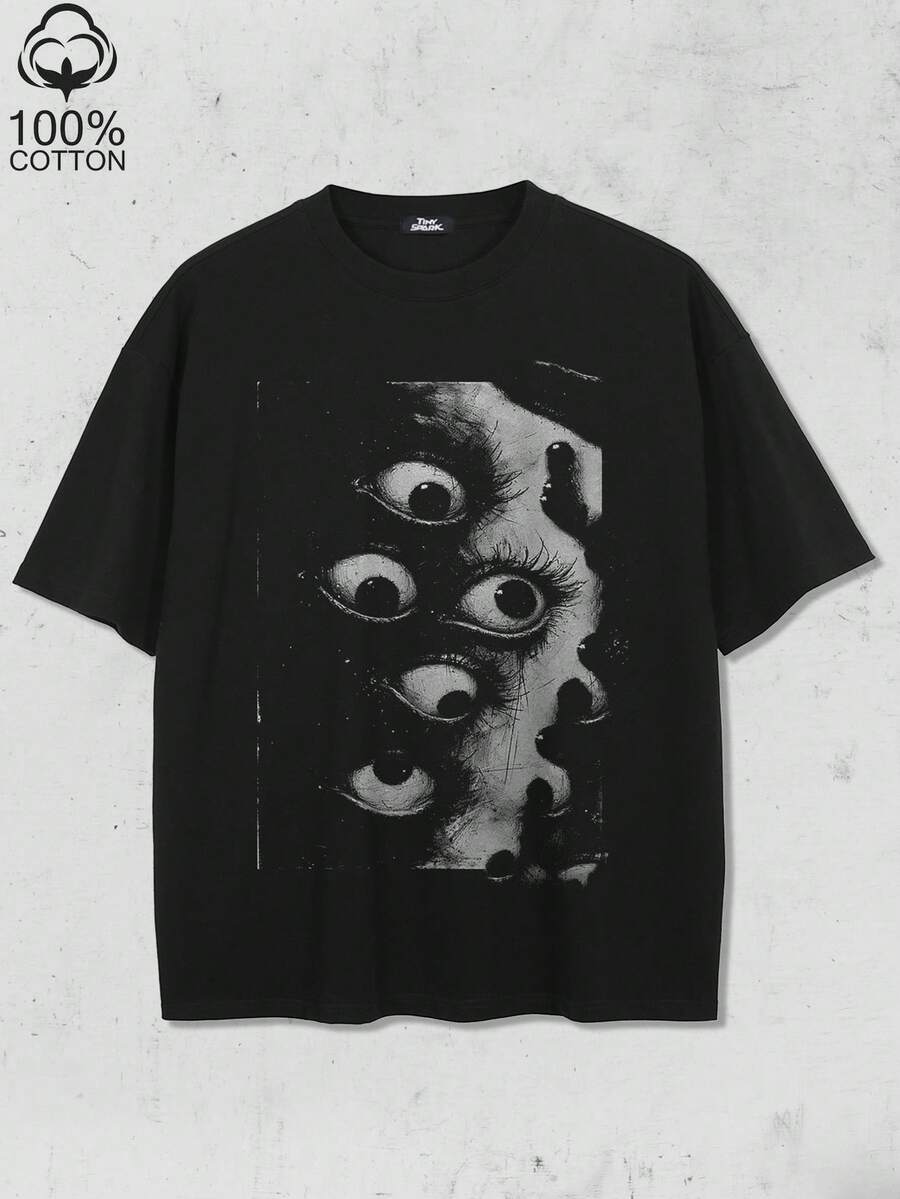 Tiny Spark Streetwear Black Tee Shirt Surreal Graphic Multiple Eyes Print Dark Psychological Horror - Black - View 1