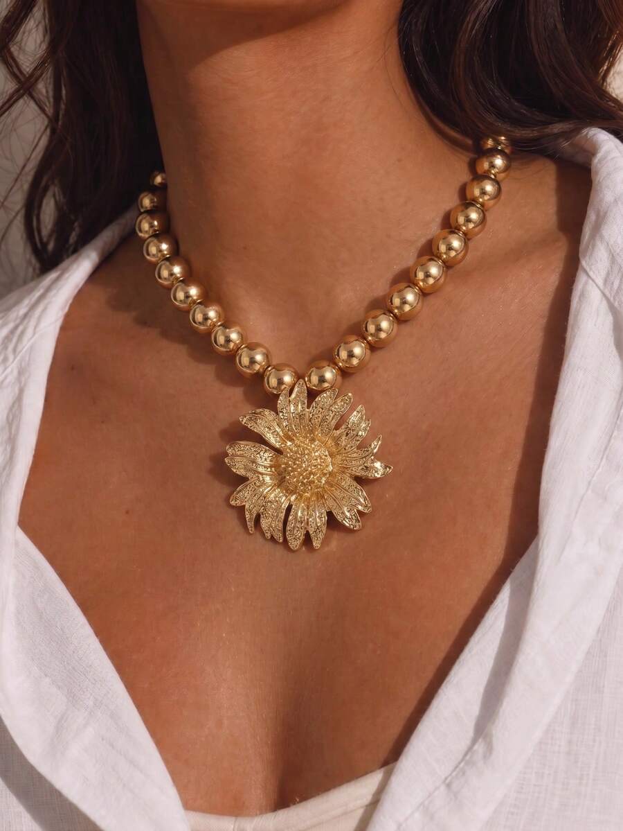 1pc Women's Vintage Gold Beaded Chain Necklace, Exaggerated Large Sunflower Pendant Statement Choker, For Daily Wear, Date Night, Party & Vacation - Gold - View 1
