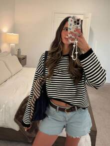 HoloChill Halloween Women's Young Influencer Casual Style Colorblock Striped Crew Neck Pullover Long Sleeve Sweater, Fall/Winter Casual New Versatile Top, Comfortable Women's Striped Pullover Sweater, Fashion Long Sleeve Crew Neck Sweater, High Elastic Knit Fabric College Style Regular Fit, Women's Autumn/Winter Outing Outfit Sweater, Back To School Season, Fall/Winter Luxury Christmas - Black - View 4