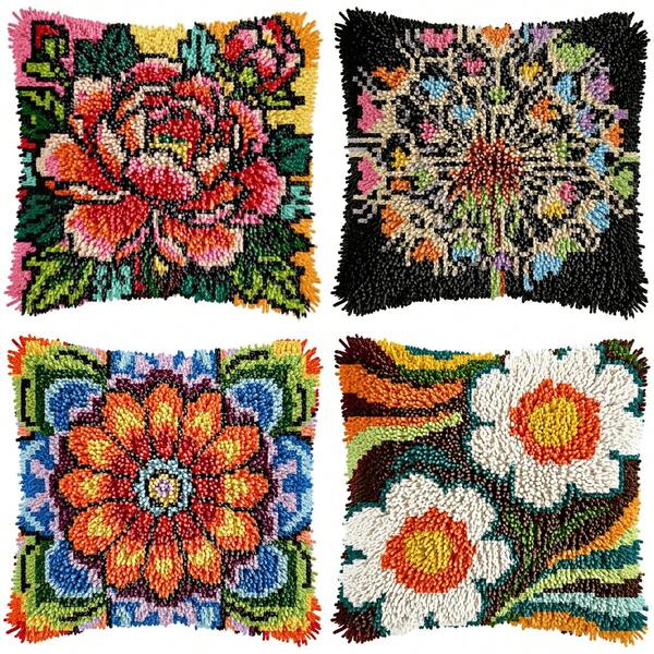 Latch Hook Kit For Adults & Beginners. Flower Theme: Floral Patterns. Includes Mesh Base, Yarn & Hook (No Pillow Core). For Sofa, Bedroom, Living Room, Garden Or Office. Great For Thanksgiving, Christmas & Birthday Gifts. 43x43cm/17in.