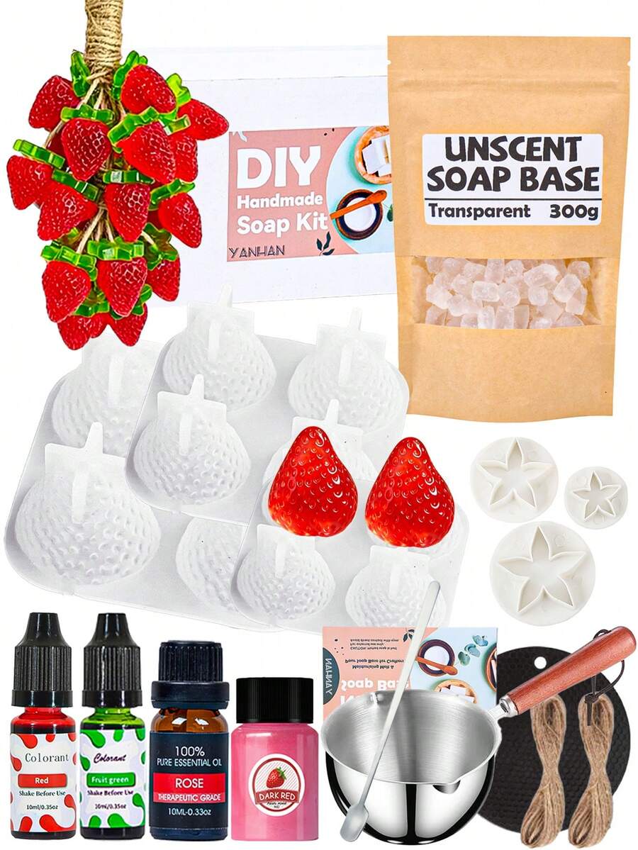 Set Cetakan Stroberi 3D 17pcs, 300g Perlengkapan Pembuatan Sabun Transparan, Termasuk Tali Rami & Aksesoris Berbentuk Bunga, Minyak Wangi & Pigmen, Cocok untuk Sabun Buatan Tangan DIY, Lilin, Sempurna untuk Pemula & Hadiah, Dekorasi Rumah