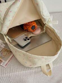 Set de 3 mochilas de nylon estilo crema con lazo de encaje y estampado de estrellas, plegables, de gran capacidad, con múltiples bolsillos y cremallera, adecuadas para adolescentes - Verde claro - Ver 7