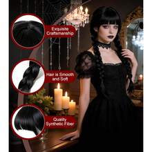 Wig Kepang Hitam Gaya Gothic Wanita dengan Poni – Wig Ekor Kuda Panjang Lurus untuk Kostum Halloween & Pesta - Hitam - View 5