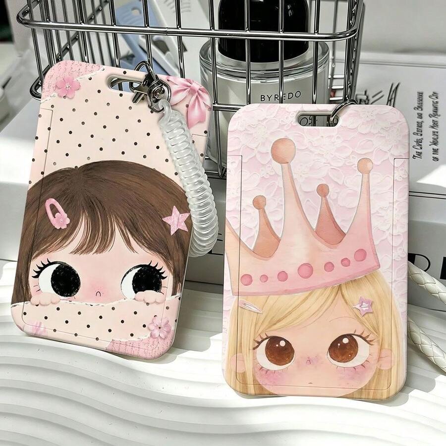Macaron Color Big Eye Cartoon Girl Vertical Card Holder, Transparent Spring Ring Lanyard ID Badge Holder, Keychain, Student Back To School Stationery - Multicolor - View 1